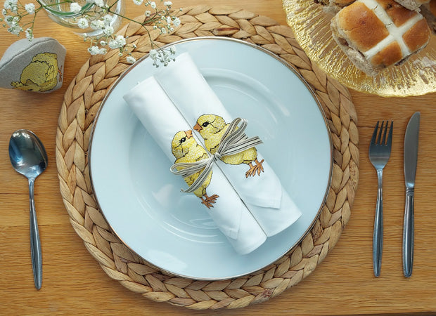Two Cotton Embroidered Little Chick Napkins Lifestyle Shot by Kate Sproston Design