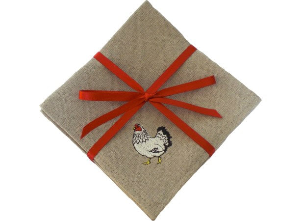 Linen Embroidered Chicken Cocktail Napkins by Kate Sproston Design