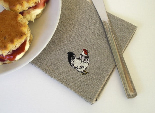 Linen Embroidered Chicken Cocktail Napkins Lifestyle Shot by Kate Sproston Design