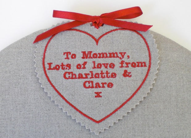 Embroidered Personalised Tag in Linen by Kate Sproston Design