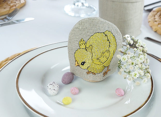 Embroidered Little Chick Pecking Egg Cosy by Kate Sproston Design