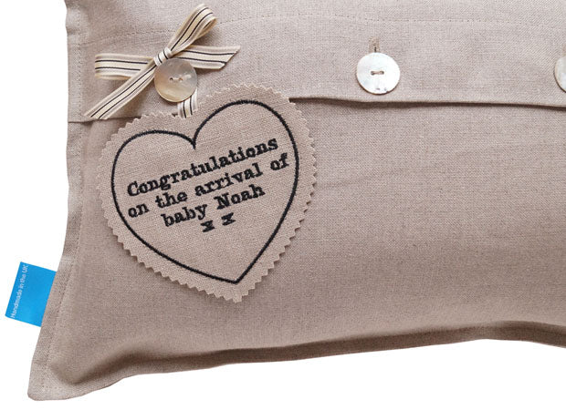 Sleeping Otter Mum and Pup Embroidered Cushion Reverse with Personalised Tag by Kate Sproston Design