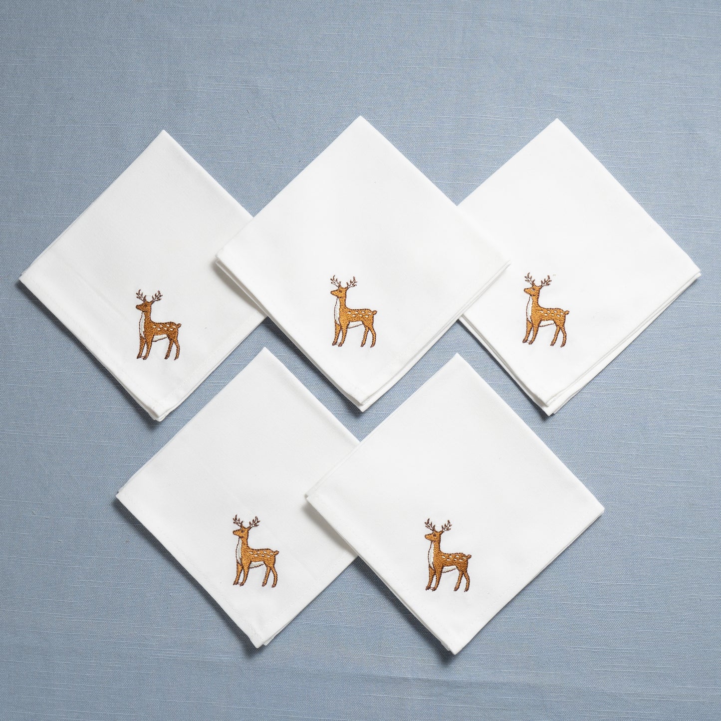 Second - Set of Five Embroidered Organic Cotton Reindeer Cocktail Napkins