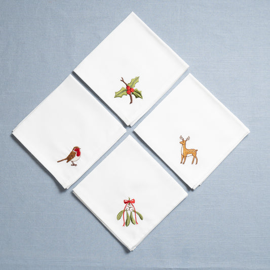 Second - Set of Four Embroidered Organic Cotton Woodland Cocktail Napkins