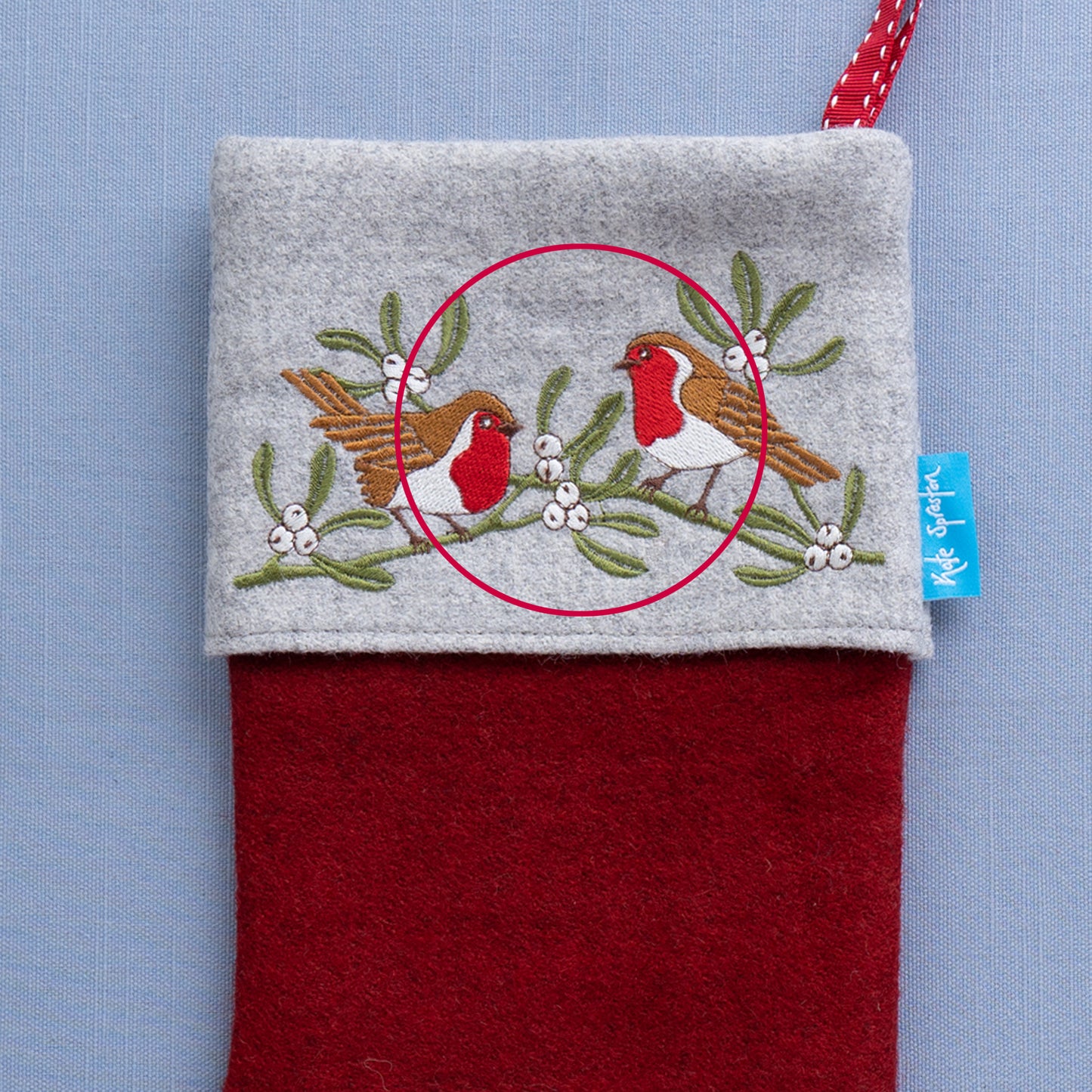 Second - Embroidered Robin and Mistletoe Christmas Stocking - Large - Missing Detail