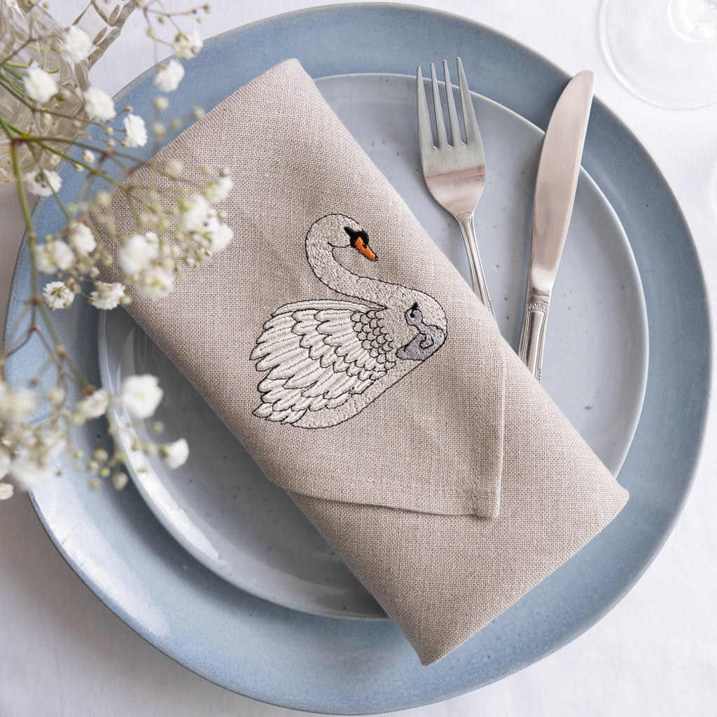 Embroidered Set of Two Swan Napkins