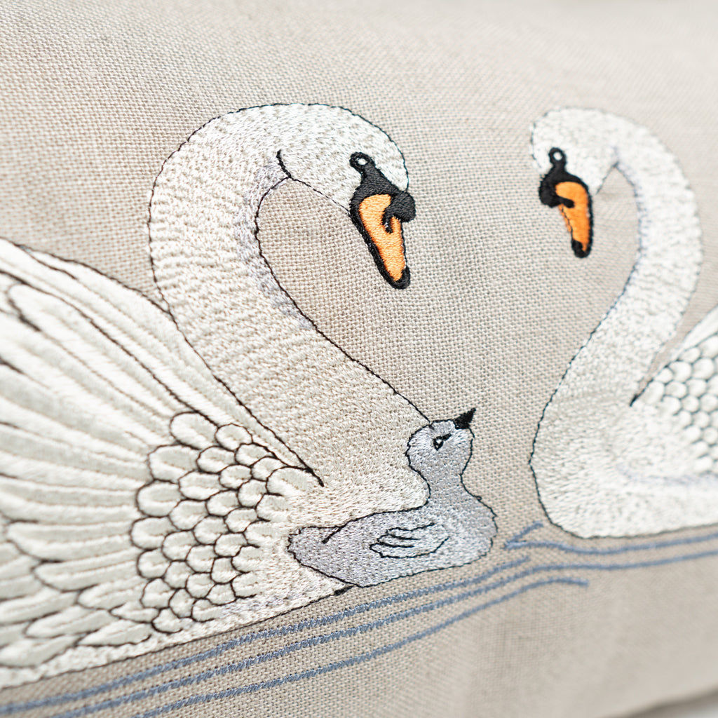 Embroidered Swan Family Cushion
