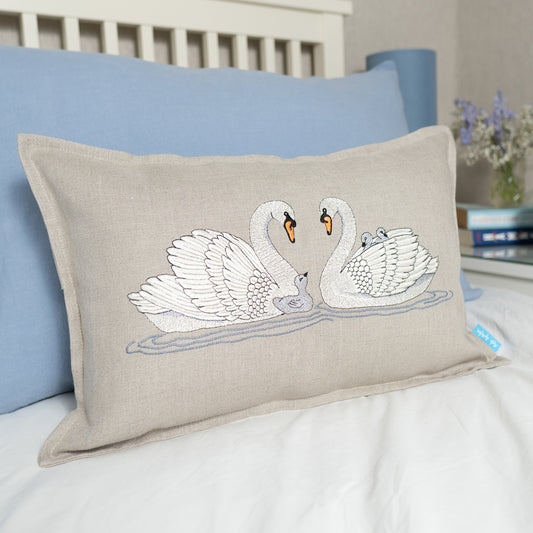 Embroidered Swan Family Cushion