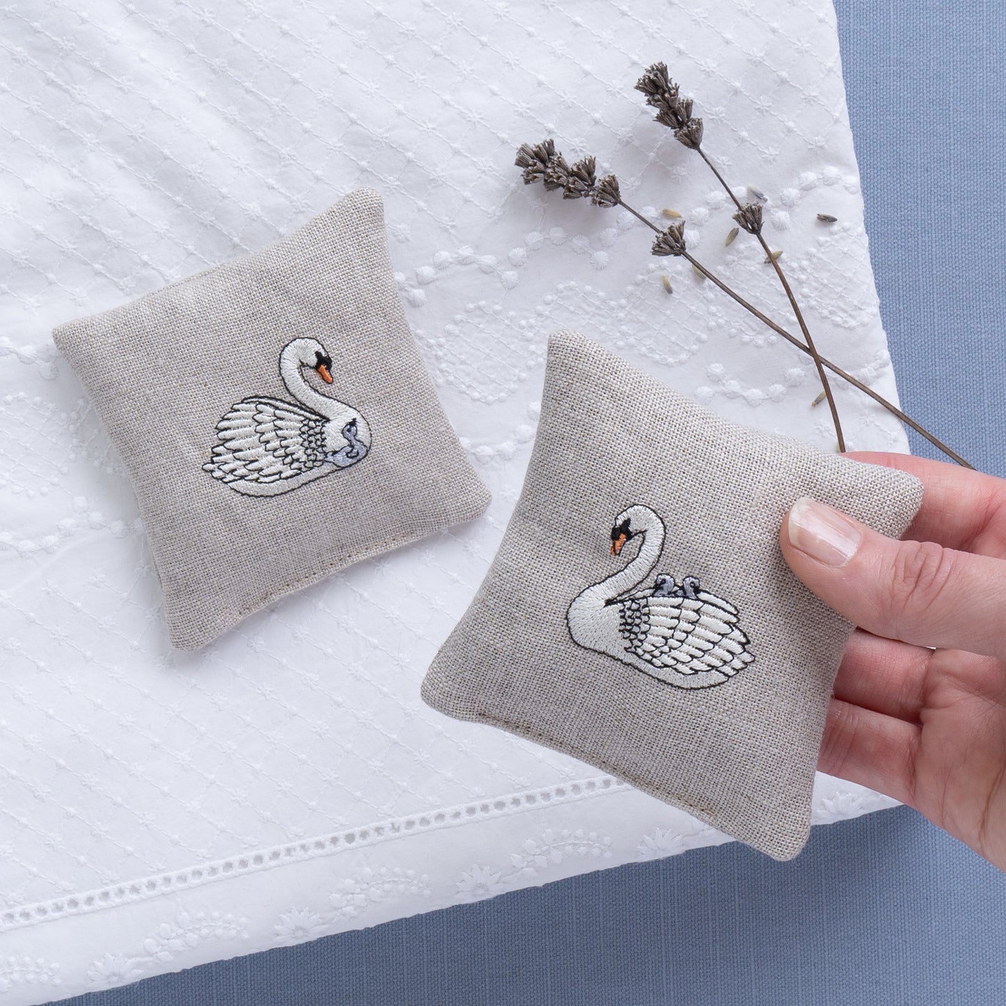 Embroidered Swan Lavender Sachets - Set of Two