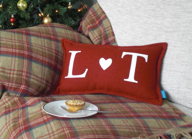 Christmas Couples Initials Cushion with Heart lifestyle shot by Kate Sproston Design