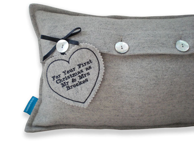 Christmas Lodge Cushion Reverse with Personalised Tag Close Up by Kate Sproston Design