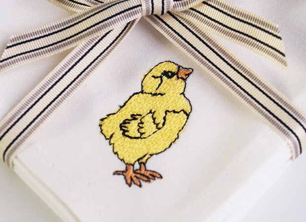 Embroidered Cotton Little Chick Cocktail Napkins Close Up by Kate Sproston Design