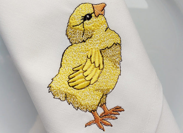 Two Cotton Embroidered Little Chick Napkins Close Up Shot by Kate Sproston Design