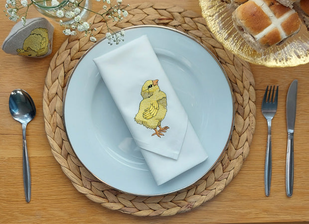 Two Cotton Embroidered Little Chick Napkins by Kate Sproston Design