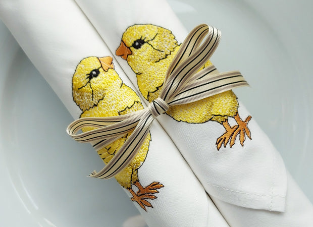 Two Cotton Embroidered Little Chick Napkins Set of Two Close Up by Kate Sproston Design