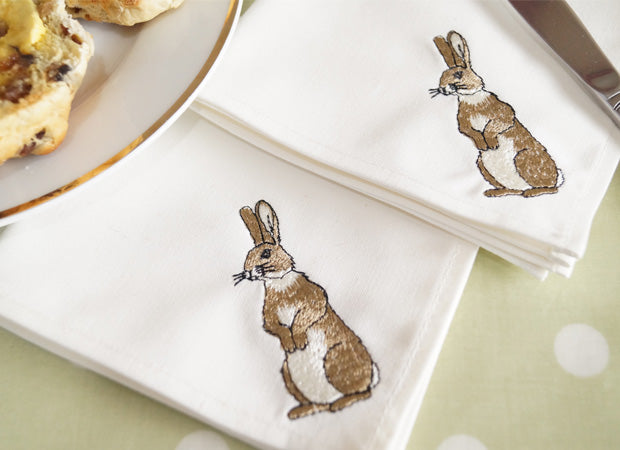 Embroidered Cotton Rabbit Cocktail Napkins Detail by Kate Sproston Design