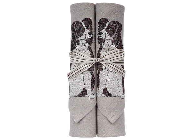 Embroidered Border Collie Linen Napkins by Kate Sproston Design