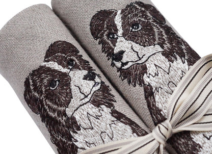 Embroidered Border Collie Linen Napkins Detail Shot by Kate Sproston Design
