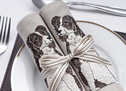 Embroidered Border Collie Linen Napkins Lifestyle Shot by Kate Sproston Design