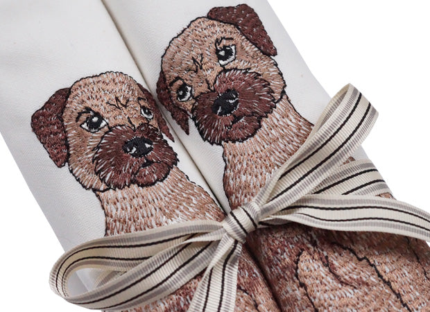 Embroidered Border Terrier Cotton Napkins Detail Shot by Kate Sproston Design