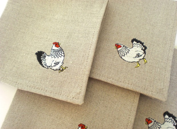 Linen Embroidered Chicken Cocktail Napkins Detail Shot by Kate Sproston Design