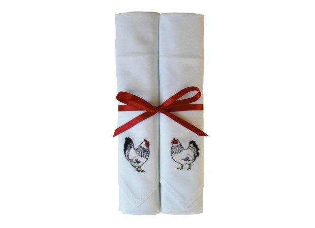 Embroidered Chicken White Cotton Napkins by Kate Sproston Design