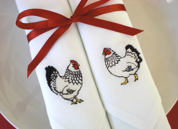 Embroidered Chicken White Cotton Napkins Detail Shot by Kate Sproston Design