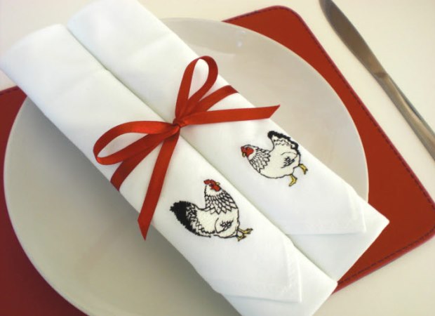 Embroidered White Chicken Cotton Napkins Lifestyle Shot by Kate Sproston Design