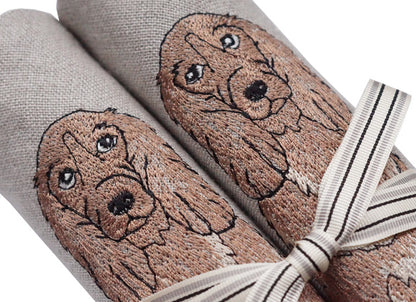 Embroidered Cocker Spaniel Linen Napkins Detail Shot by Kate Sproston Design