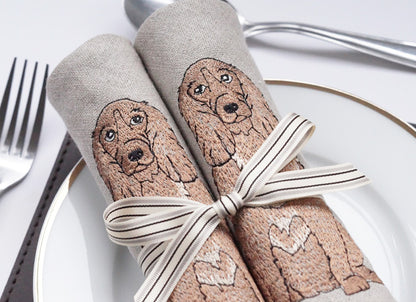 Embroidered Cocker Spaniel Linen Napkins Lifestyle Shot by Kate Sproston Design