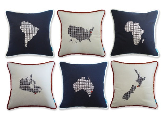 Multiple Embroidered Countries Cushions by Kate Sproston Design