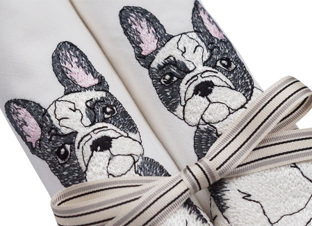 Embroidered French Bulldog Cotton Napkins Detail Shot by Kate Sproston Design
