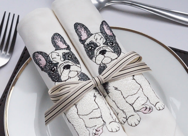 Embroidered French Bulldog Cotton Napkins Lifestyle Shot by Kate Sproston Design