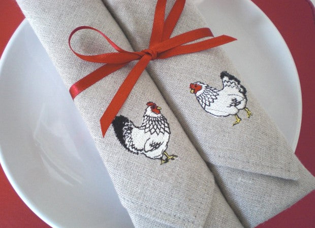 Embroidered Mr &amp; Mrs Chicken Linen Napkins Detail Shot by Kate Sproston Design