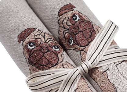 Embroidered Pug Linen Napkins Detail Shot by Kate Sproston Design