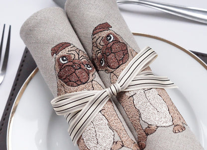 Embroidered Pug Linen Napkins Lifestyle Shot by Kate Sproston Design