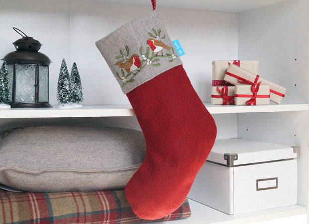 Robin and Mistletoe Christmas Stocking lifestyle shot by Kate Sproston Design
