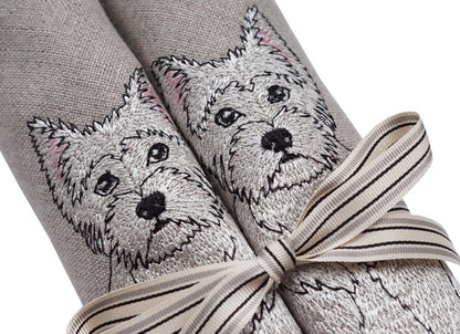 Embroidered Westie Linen Napkins Detail Shot by Kate Sproston Design