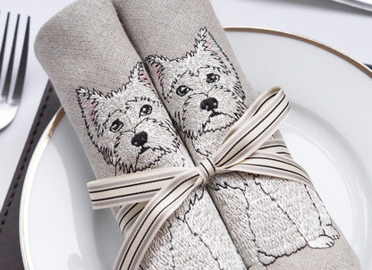 Embroidered Westie Linen Napkins Lifestyle Shot by Kate Sproston Design