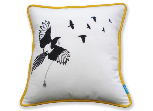 Embroidered Flock of Magpies Cushion by Kate Sproston Design