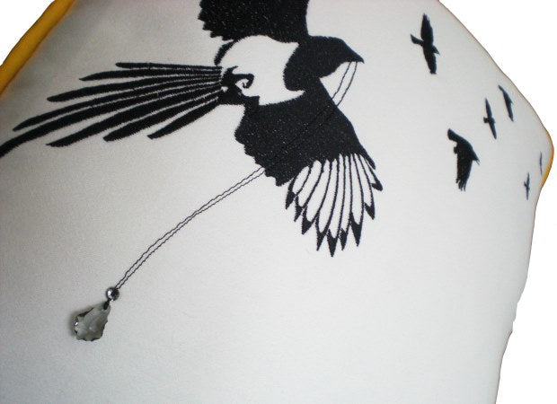 Embroidered Flock of Magpies Cushion Detail Shot by Kate Sproston Design