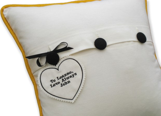 Embroidered Flock of Magpies Cushion Reverse with a Personalised Tag by Kate Sproston Design