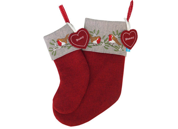 Robin and Mistletoe Christmas Stockings with close up of personalised tags by Kate Sproston Design
