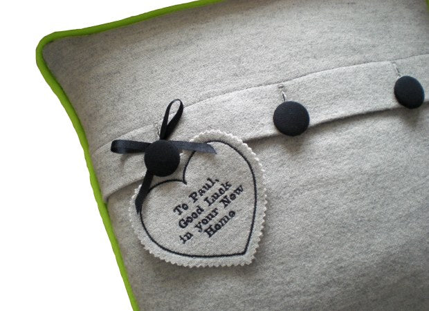 Lime Green Monogrammed Cushion Reverse with Personalised Tag by Kate Sproston Design