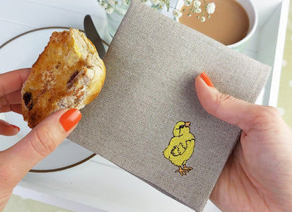Embroidered Linen Little Chick Cocktail Napkins by Kate Sproston Design