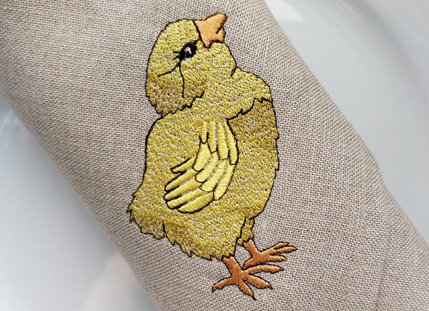 Two Linen Embroidered Little Chick Napkins Close Up Shot by Kate Sproston Design