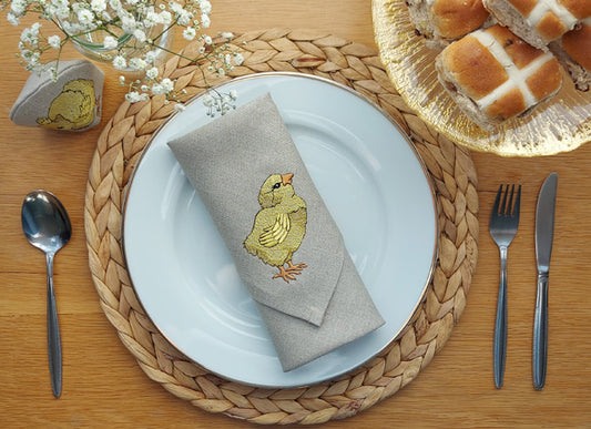 Two Linen Embroidered Little Chick Napkins by Kate Sproston Design