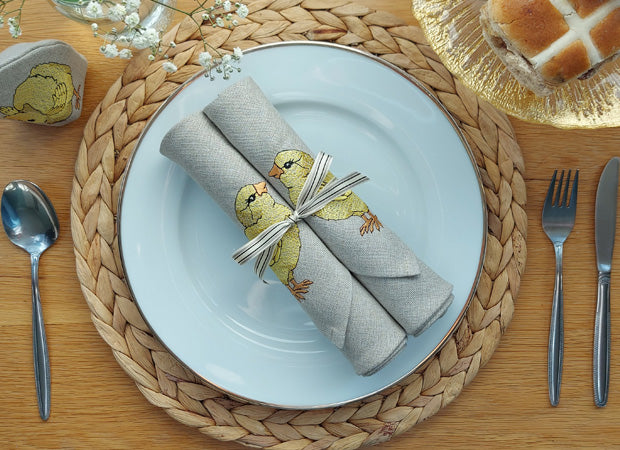 Two Linen Embroidered Little Chick Napkins Lifestyle Shot by Kate Sproston Design