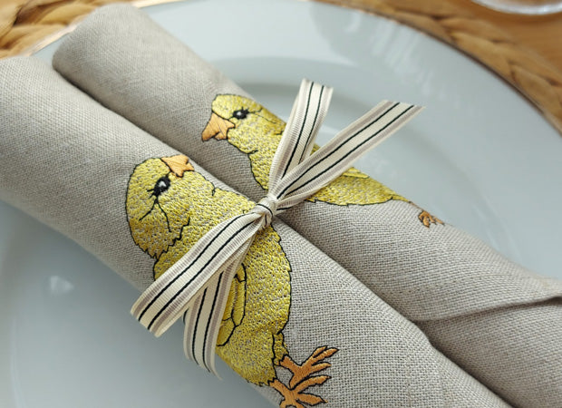 Two Linen Embroidered Little Chick Napkins Set of Two Close Up by Kate Sproston Design