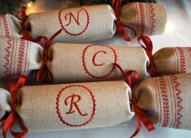 Linen Monogrammed Reusable Christmas Cracker Lifestyle Shot by Kate Sproston Design